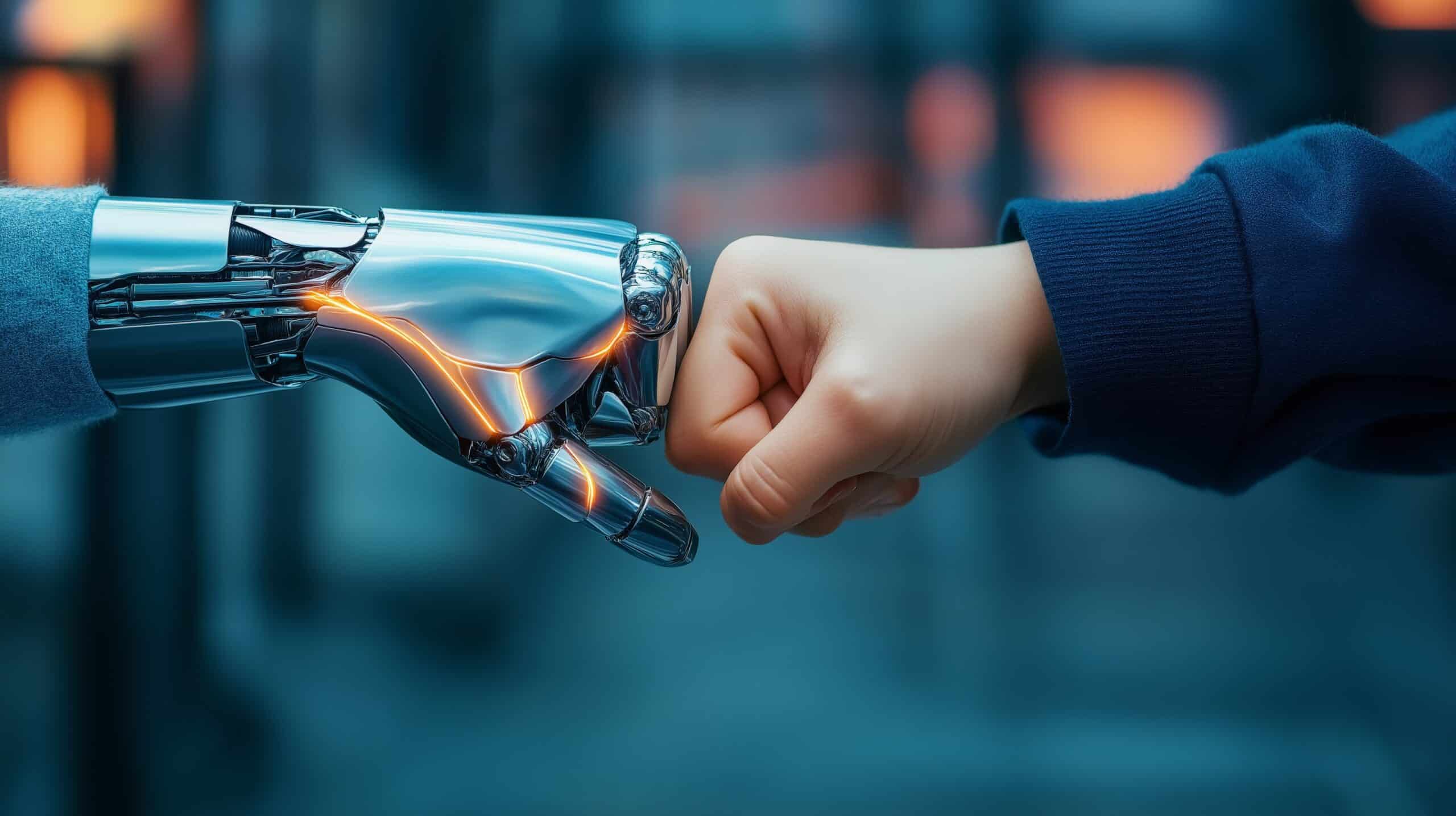 a humanoid robot ai agent hologram sharing knowledge with a human during the singularity symbolizing agentic autonomy and agi technology in the future using superintelligence